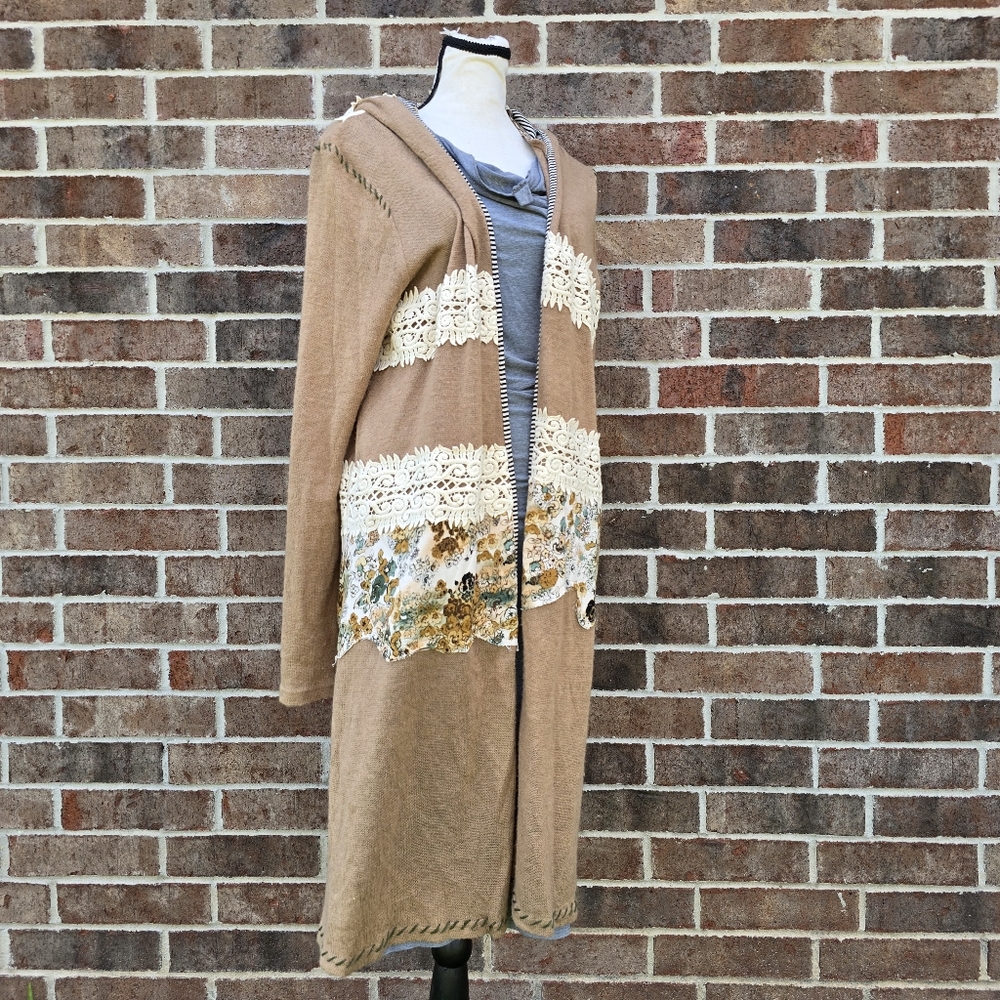Elegant Tan Women's Sweater with Lace Accents